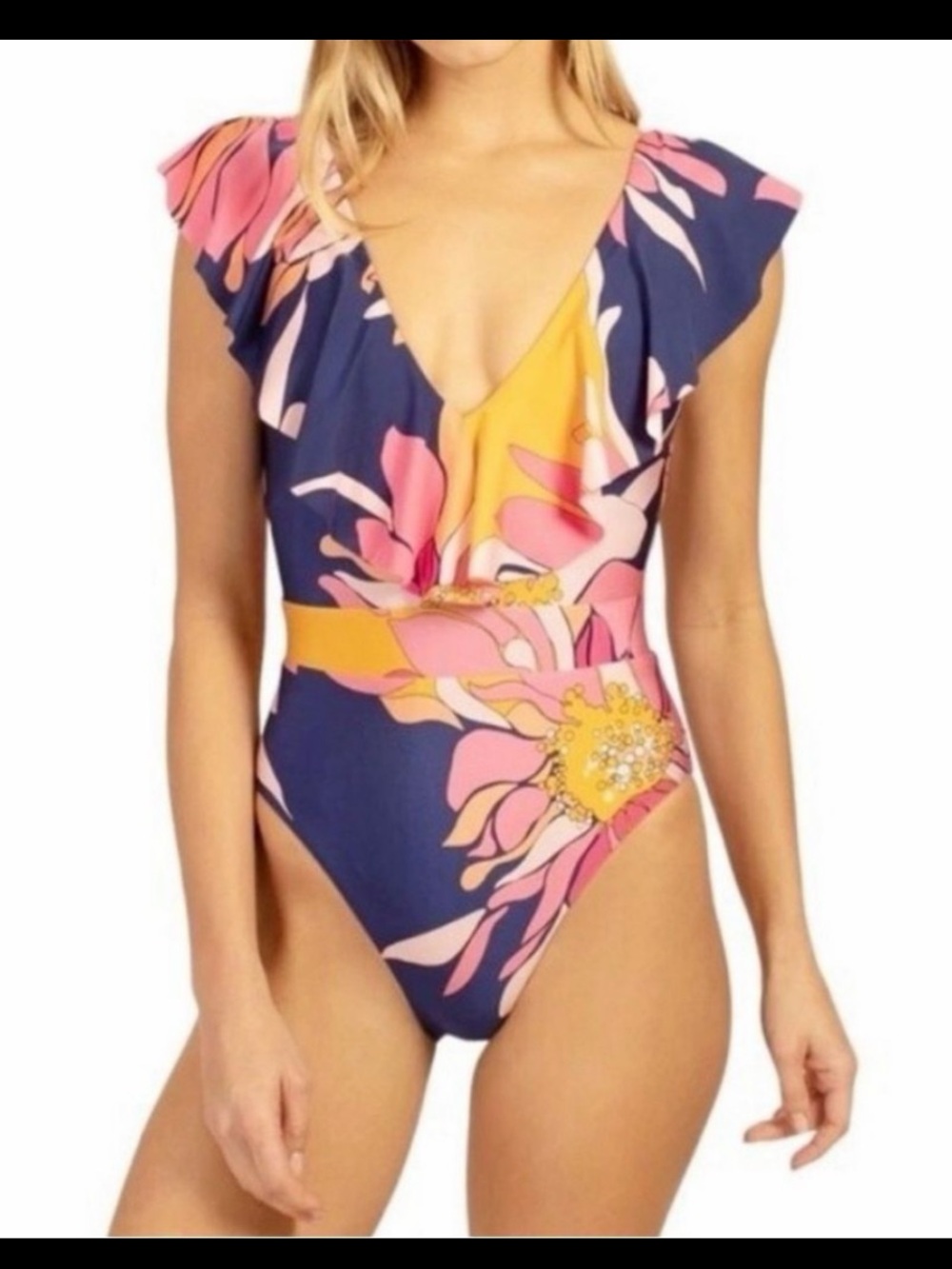 Trina Turk Breeze Ruffle one piece floral swimsuit plunging ruffle